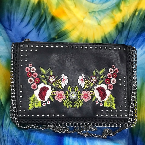 Harlow Handbags - Harlow Black Boho Biker Chic Embroidered Crossbody Shoulder Clutch Bag